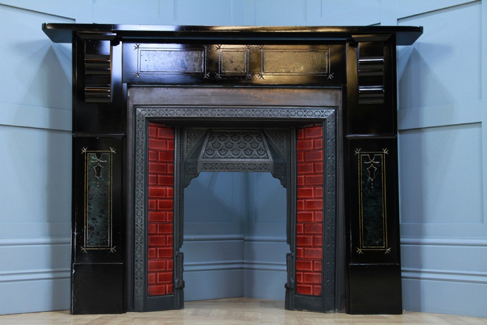 Antique Victorian Aesthetic Movement Cast Iron Fireplace With Ebonised, Marbled & Gilded Slate Surround View XIII