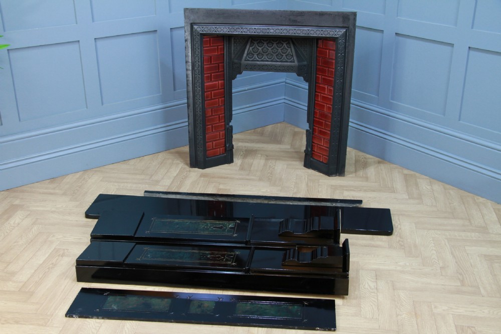 Antique Victorian Aesthetic Movement Cast Iron Fireplace With Ebonised, Marbled & Gilded Slate Surround View XIV