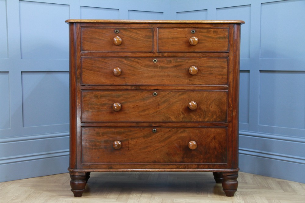 Antique Original Early Victorian Rounded Corner Mahogany Chest of 5 Drawers 1860 View VI