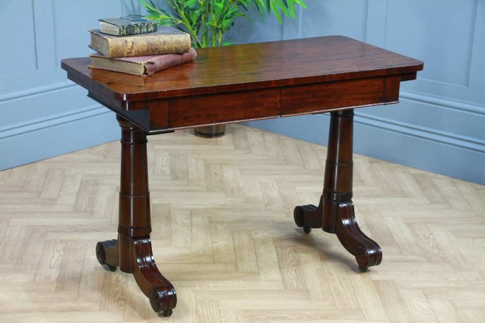 Antique Regency Georgian Mahogany Gun Barrel Twin Pedestal Library Sofa Table View II