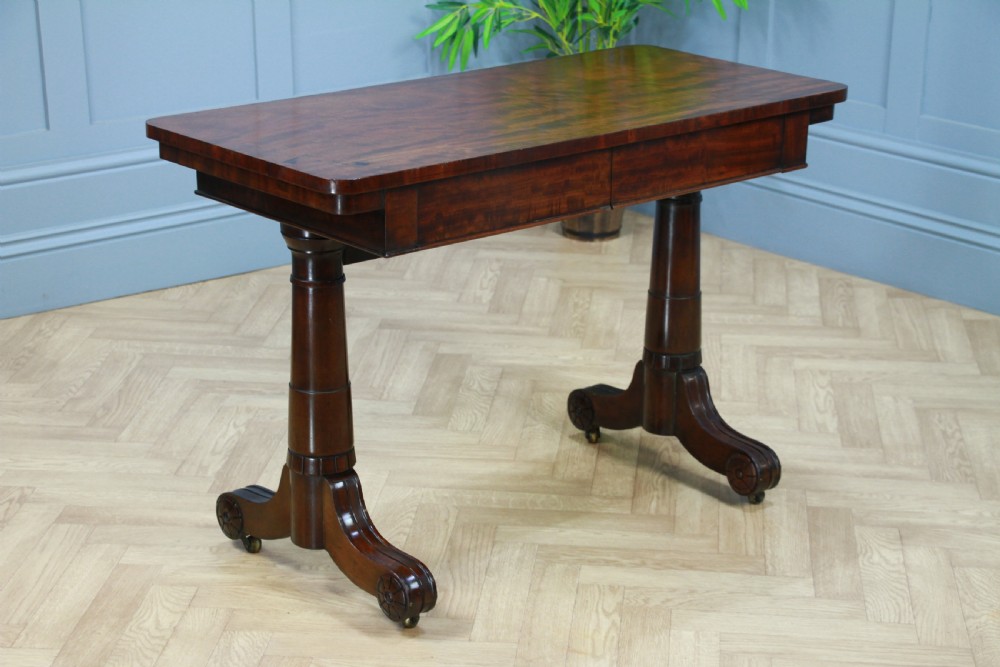Antique Regency Georgian Mahogany Gun Barrel Twin Pedestal Library Sofa Table View III