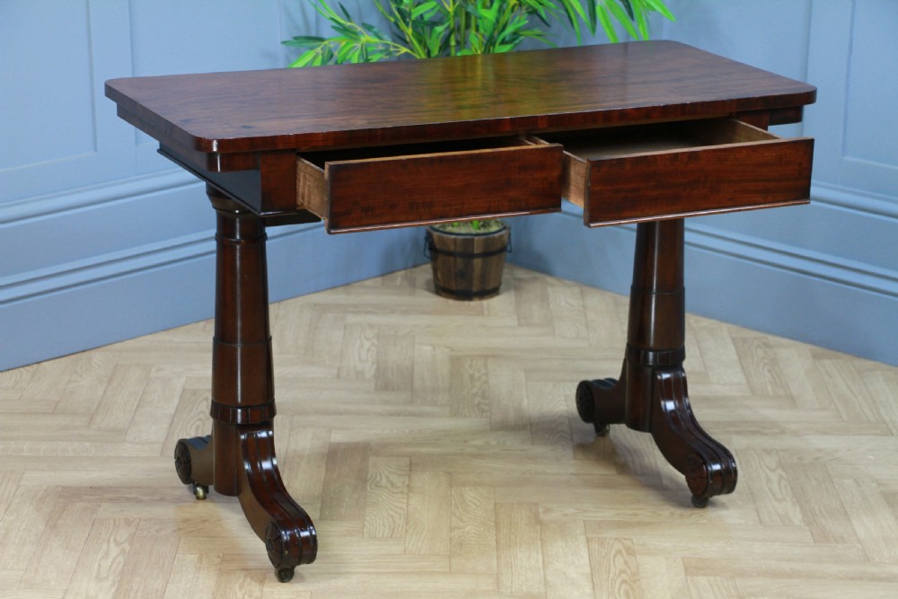 Antique Regency Georgian Mahogany Gun Barrel Twin Pedestal Library Sofa Table View IV