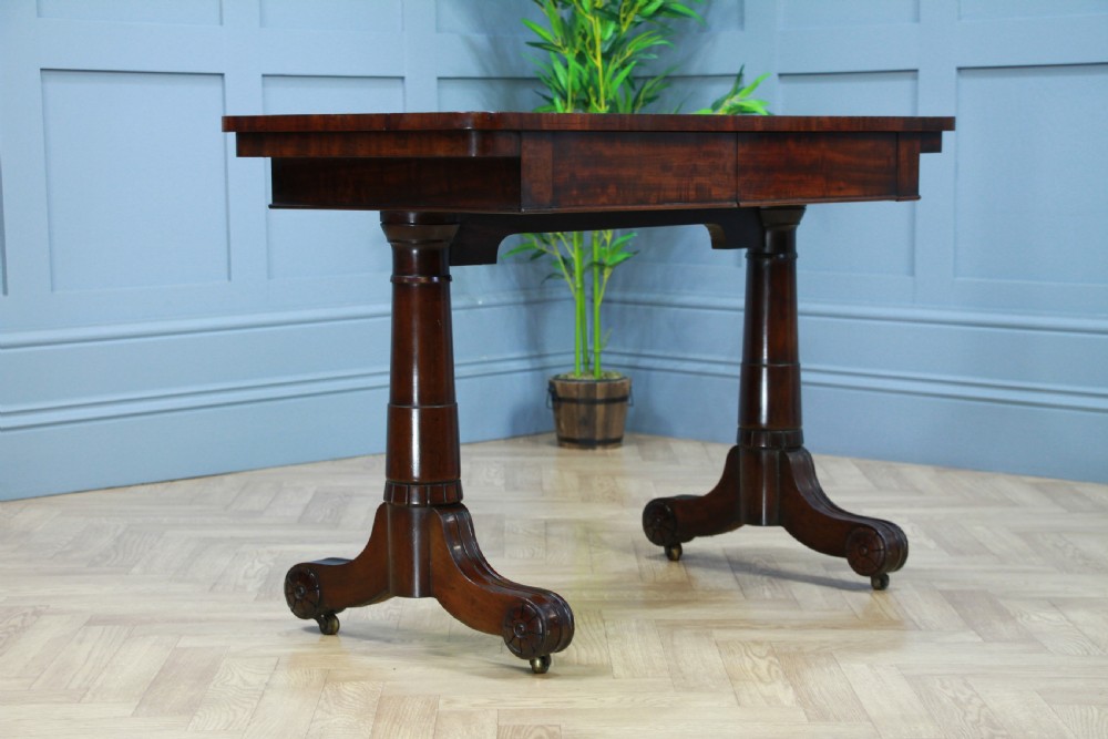 Antique Regency Georgian Mahogany Gun Barrel Twin Pedestal Library Sofa Table View X
