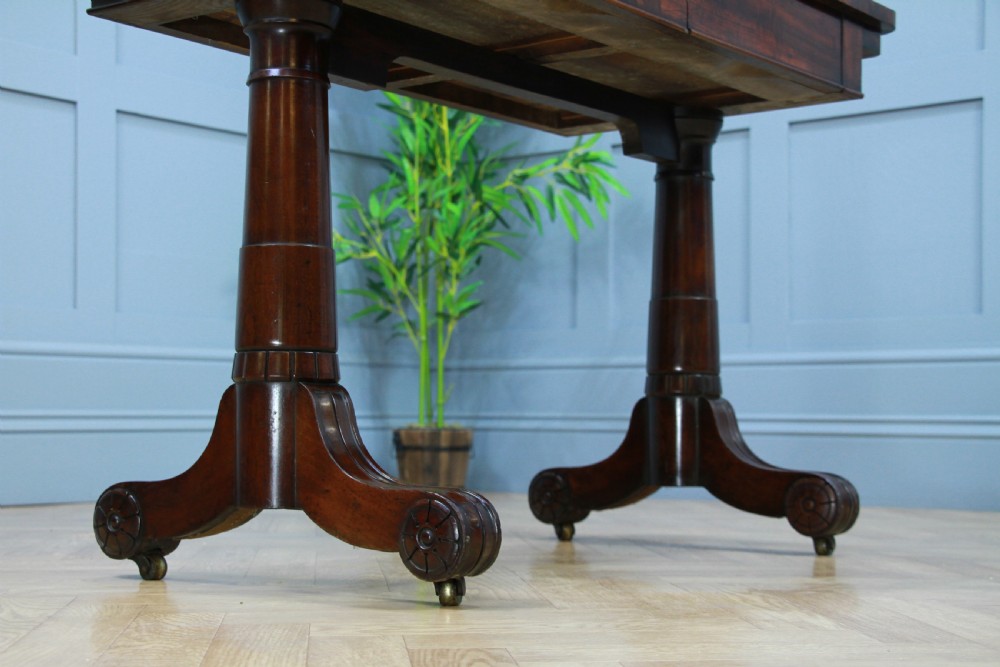 Antique Regency Georgian Mahogany Gun Barrel Twin Pedestal Library Sofa Table View XIV
