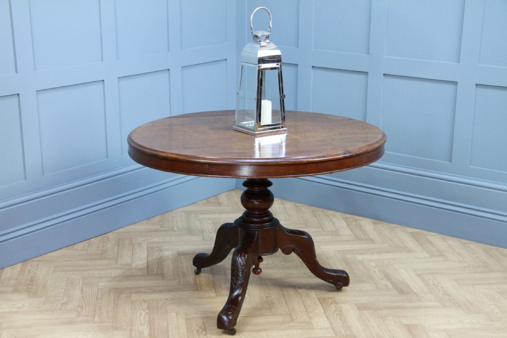 Antique Victorian Solid Mahogany Round Tilt Top Carved Breakfast Dining Table View IV
