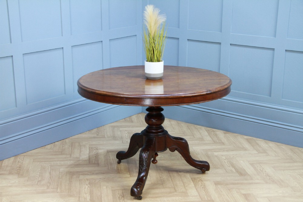 Antique Victorian Solid Mahogany Round Tilt Top Carved Breakfast Dining Table View V