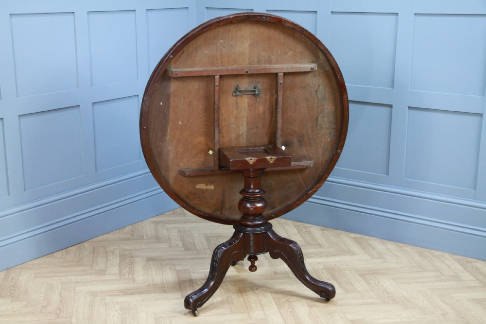 Antique Victorian Solid Mahogany Round Tilt Top Carved Breakfast Dining Table View IX