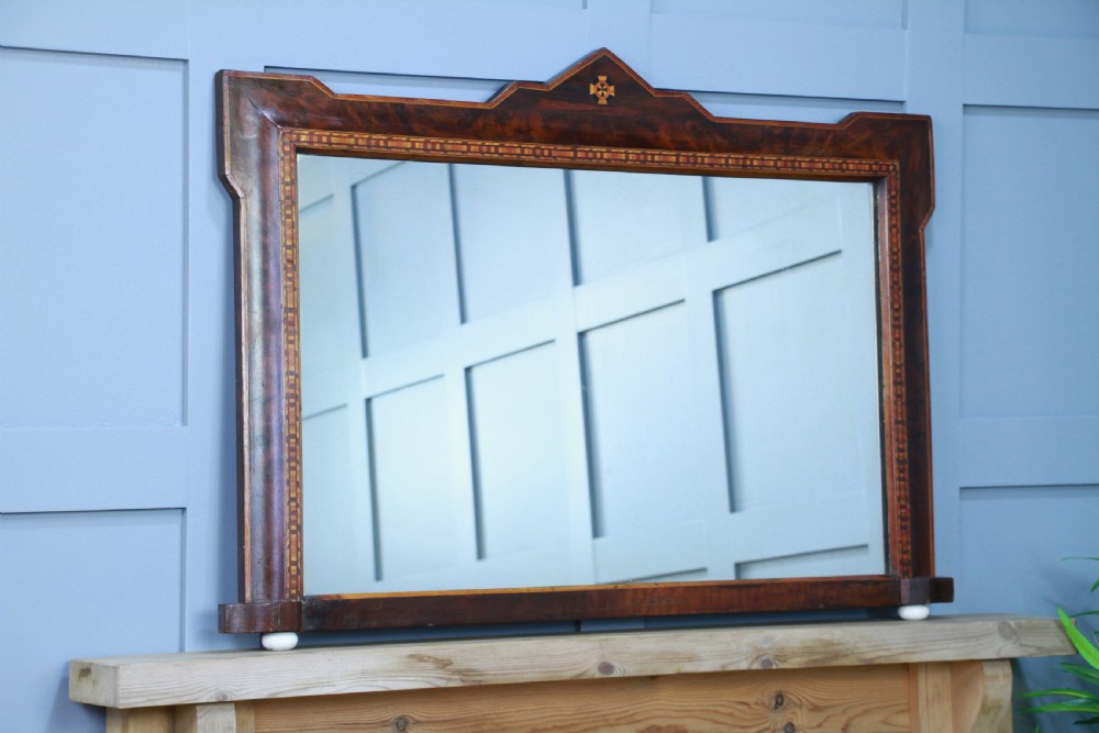 Antique Late Victorian Burr Walnut Tunbridge Ware Inlaid Over Mantle Mirror 1890 View II