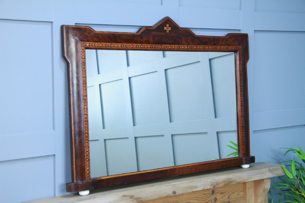 Antique Late Victorian Burr Walnut Tunbridge Ware Inlaid Over Mantle Mirror 1890 View III