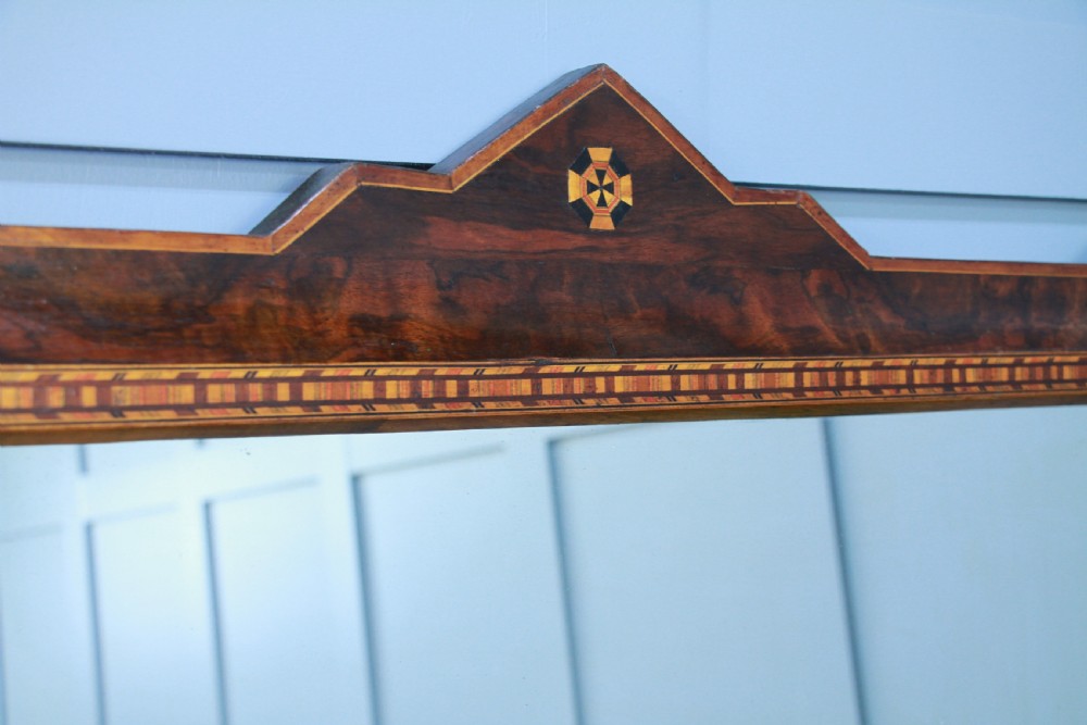 Antique Late Victorian Burr Walnut Tunbridge Ware Inlaid Over Mantle Mirror 1890 View IV