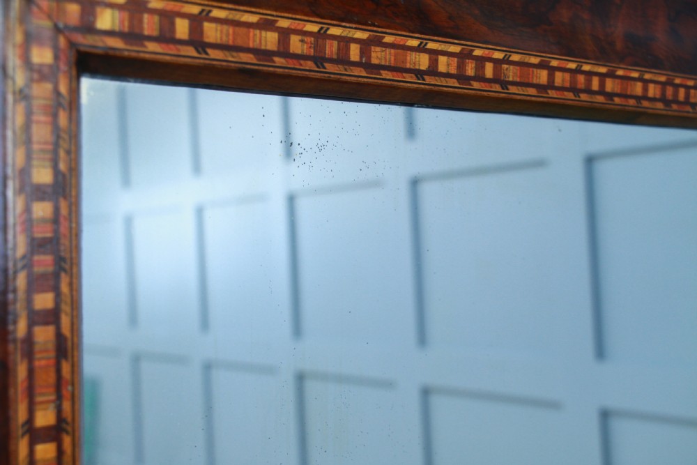 Antique Late Victorian Burr Walnut Tunbridge Ware Inlaid Over Mantle Mirror 1890 View IX