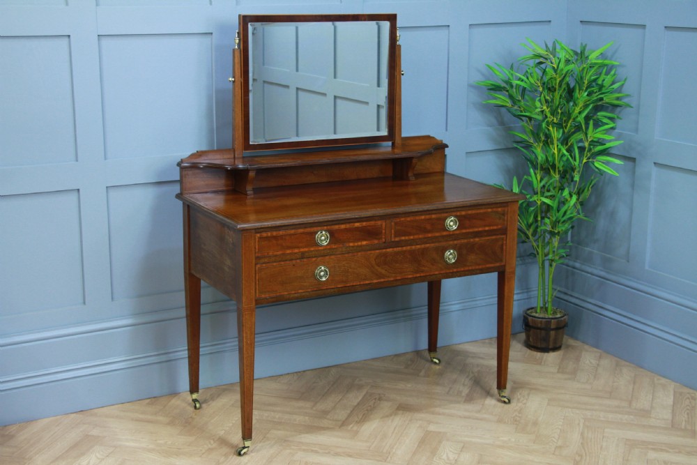 Antique Edwardian Inlaid Sheraton Style Mahogany Ladies Dressing Table With Mirror View XV