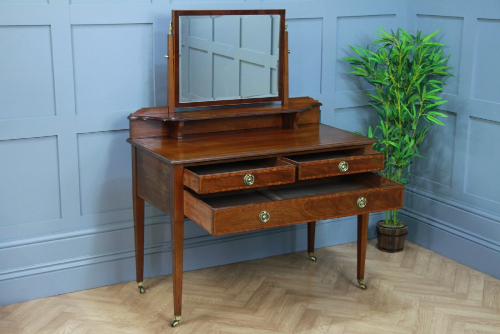 Antique Edwardian Inlaid Sheraton Style Mahogany Ladies Dressing Table With Mirror View II