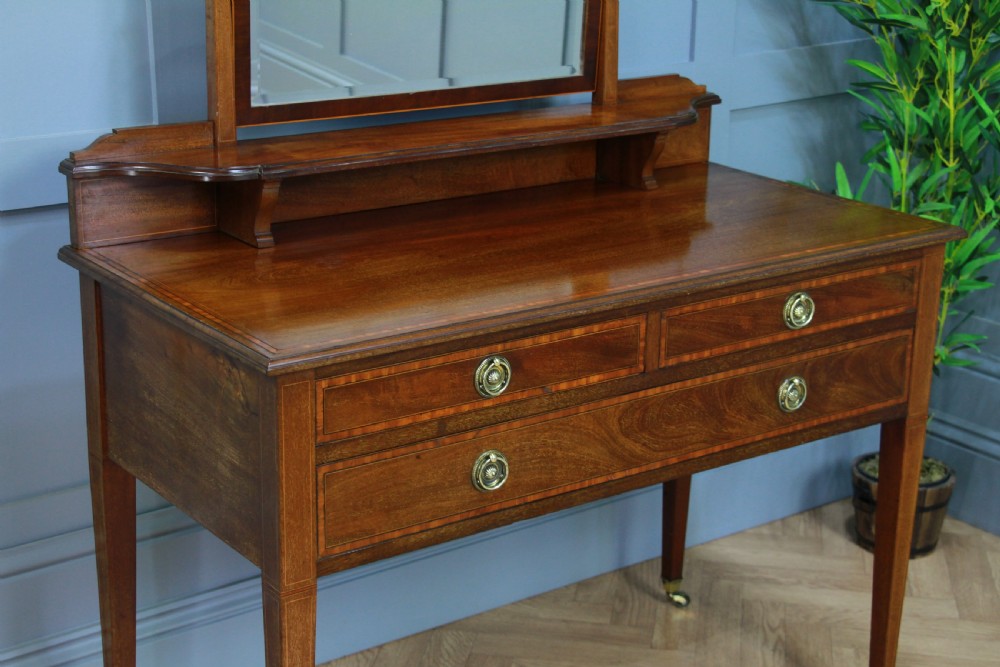 Antique Edwardian Inlaid Sheraton Style Mahogany Ladies Dressing Table With Mirror View III