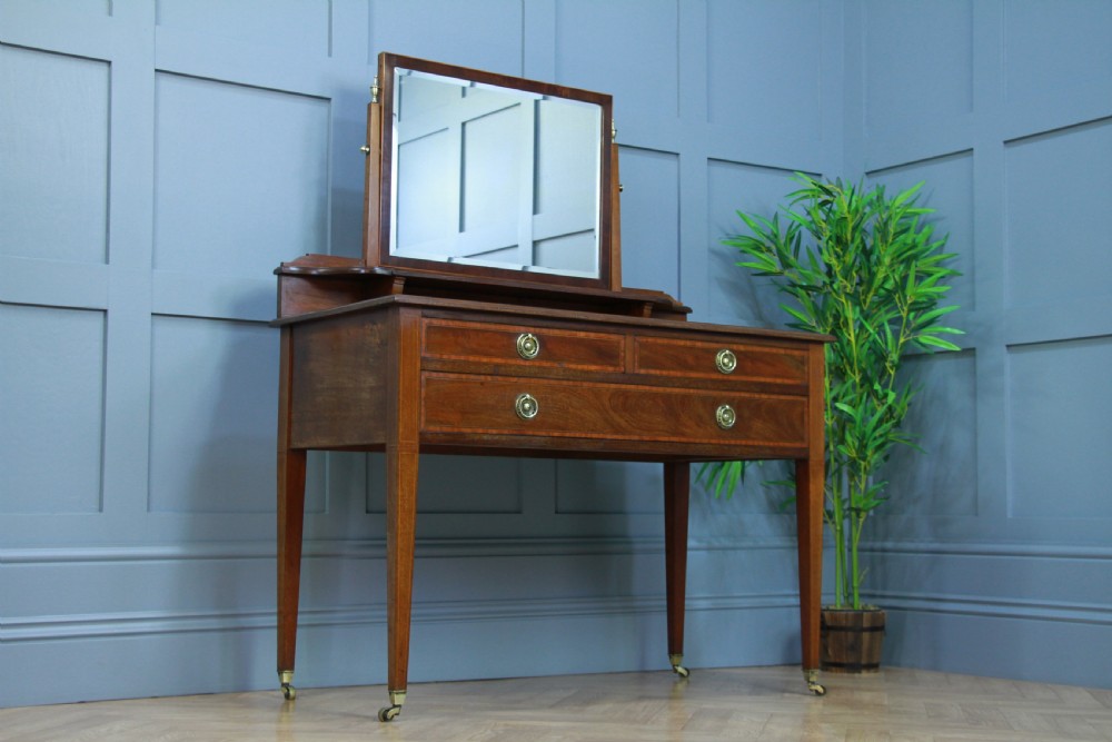 Antique Edwardian Inlaid Sheraton Style Mahogany Ladies Dressing Table With Mirror View V