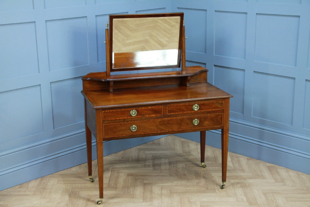 Antique Edwardian Inlaid Sheraton Style Mahogany Ladies Dressing Table With Mirror View VIII