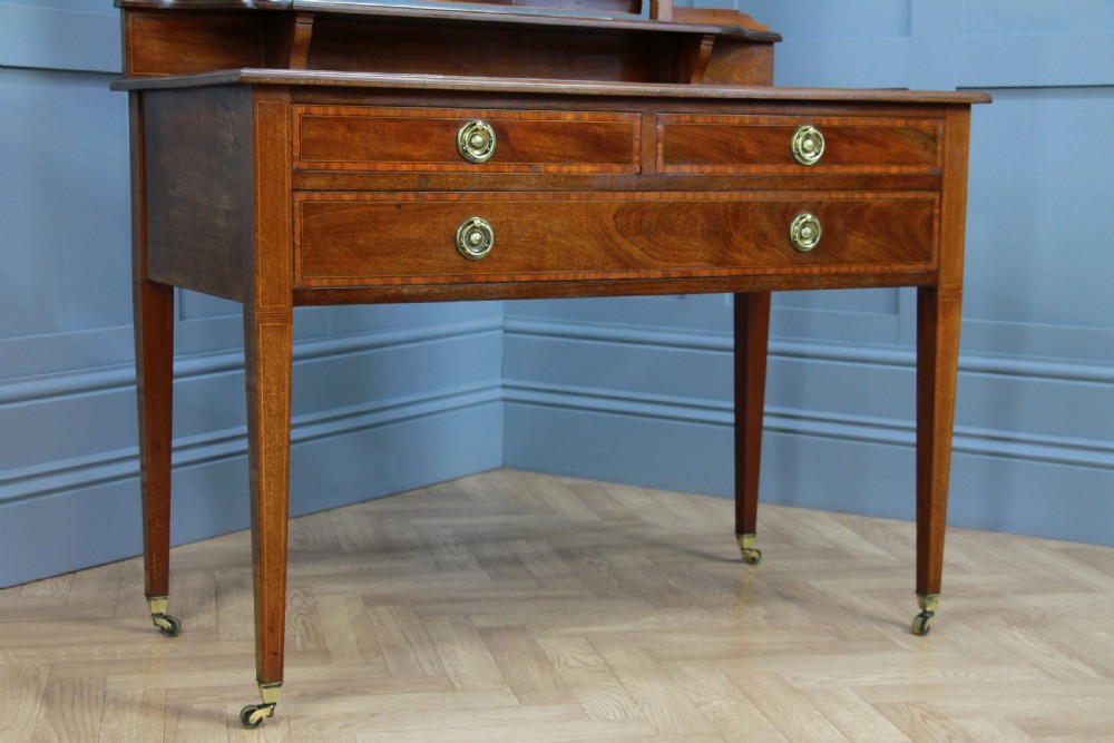 Antique Edwardian Inlaid Sheraton Style Mahogany Ladies Dressing Table With Mirror View IX