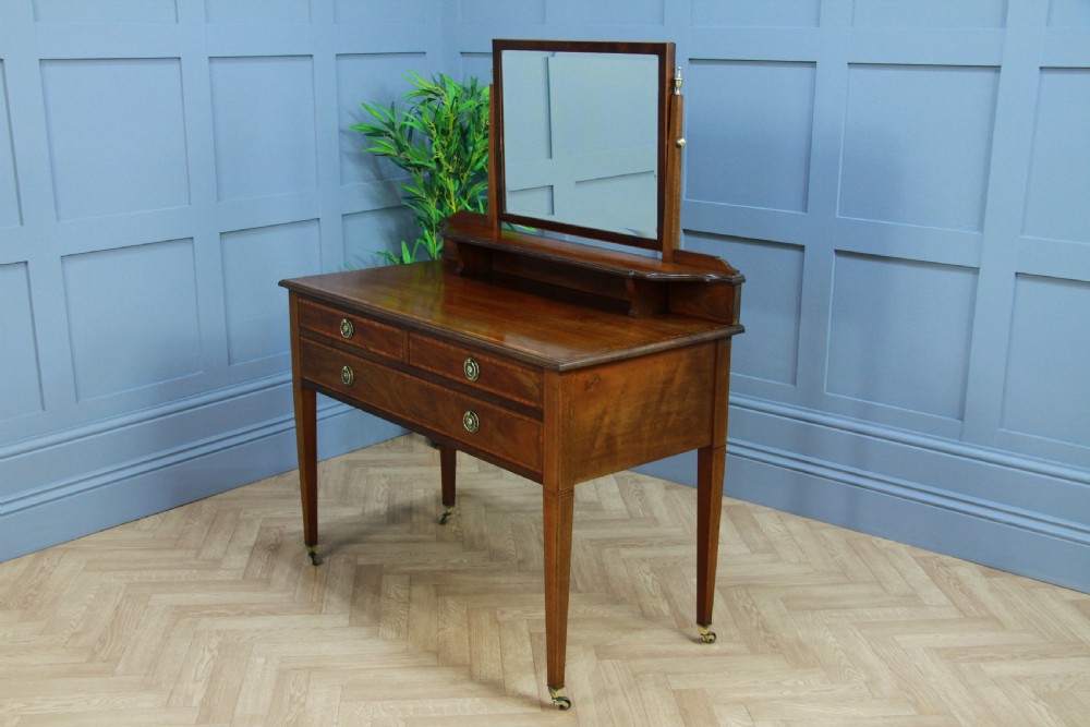 Antique Edwardian Inlaid Sheraton Style Mahogany Ladies Dressing Table With Mirror View XIII