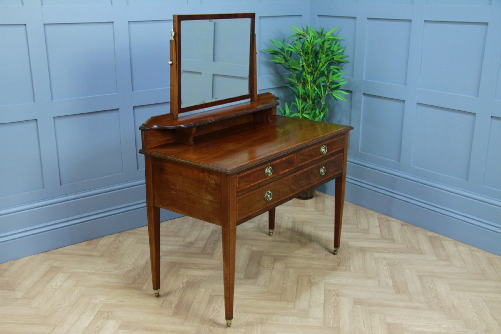 Antique Edwardian Inlaid Sheraton Style Mahogany Ladies Dressing Table With Mirror View XIV