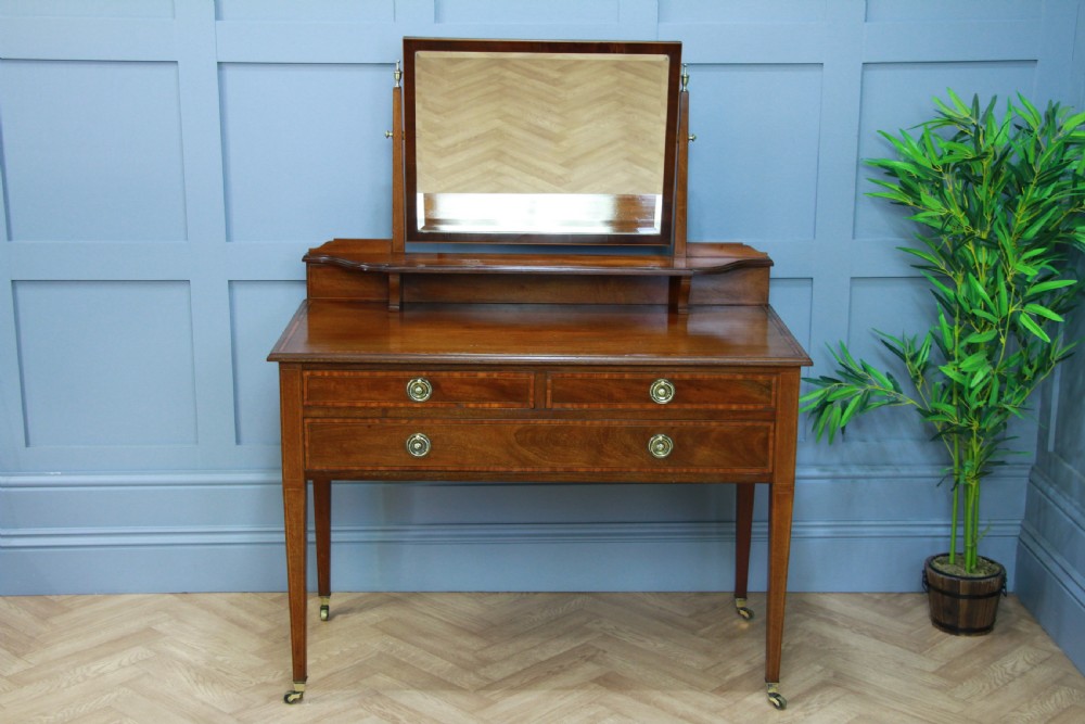 Antique Edwardian Inlaid Sheraton Style Mahogany Ladies Dressing Table With Mirror