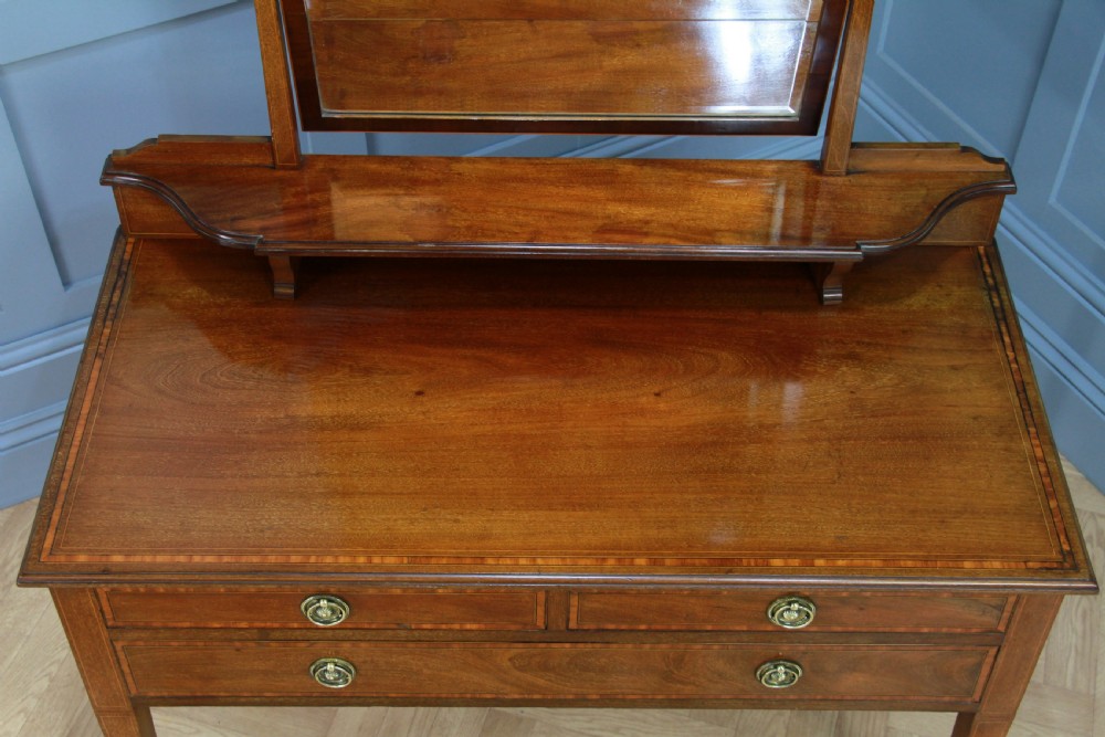 Antique Edwardian Inlaid Sheraton Style Mahogany Ladies Dressing Table With Mirror View XVI