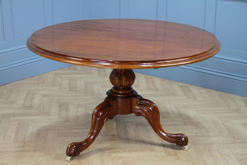 Antique Victorian Solid Mahogany Tilt Top Round Carved Breakfast Dining Table View XV