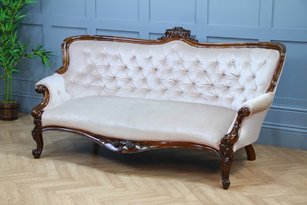 Antique Victorian Walnut Carved Velvet Upholstered Buttoned Back Settee Sofa Restored C1860