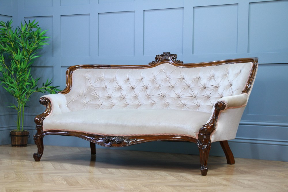Antique Victorian Walnut Carved Velvet Upholstered Buttoned Back Settee Sofa Restored C1860 View II