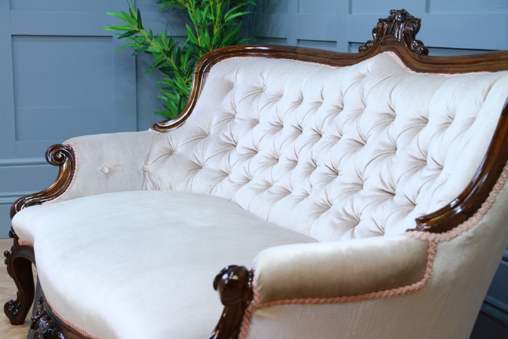 Antique Victorian Walnut Carved Velvet Upholstered Buttoned Back Settee Sofa Restored C1860 View III