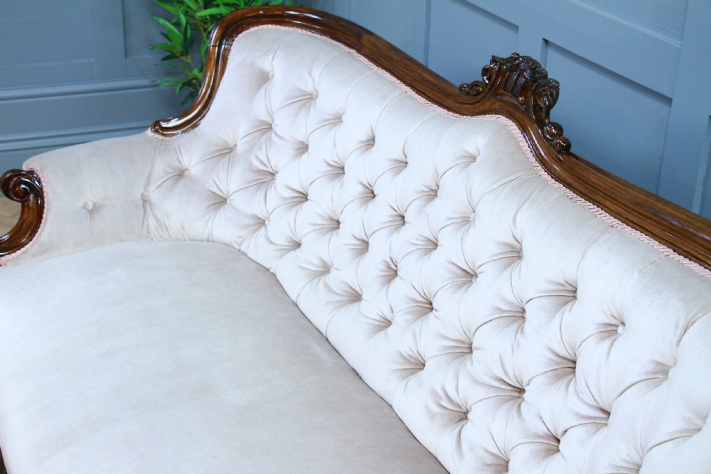 Antique Victorian Walnut Carved Velvet Upholstered Buttoned Back Settee Sofa Restored C1860 View IV