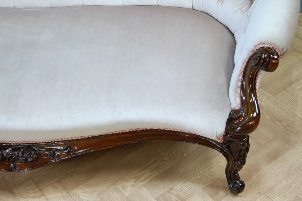 Antique Victorian Walnut Carved Velvet Upholstered Buttoned Back Settee Sofa Restored C1860 View V
