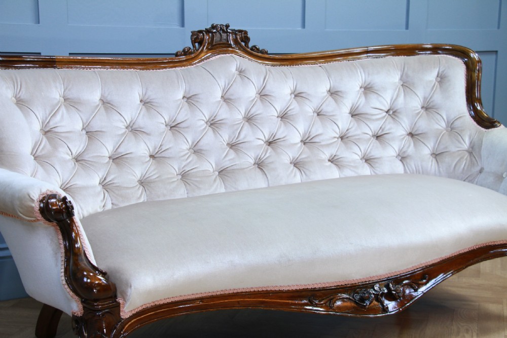 Antique Victorian Walnut Carved Velvet Upholstered Buttoned Back Settee Sofa Restored C1860 View VI