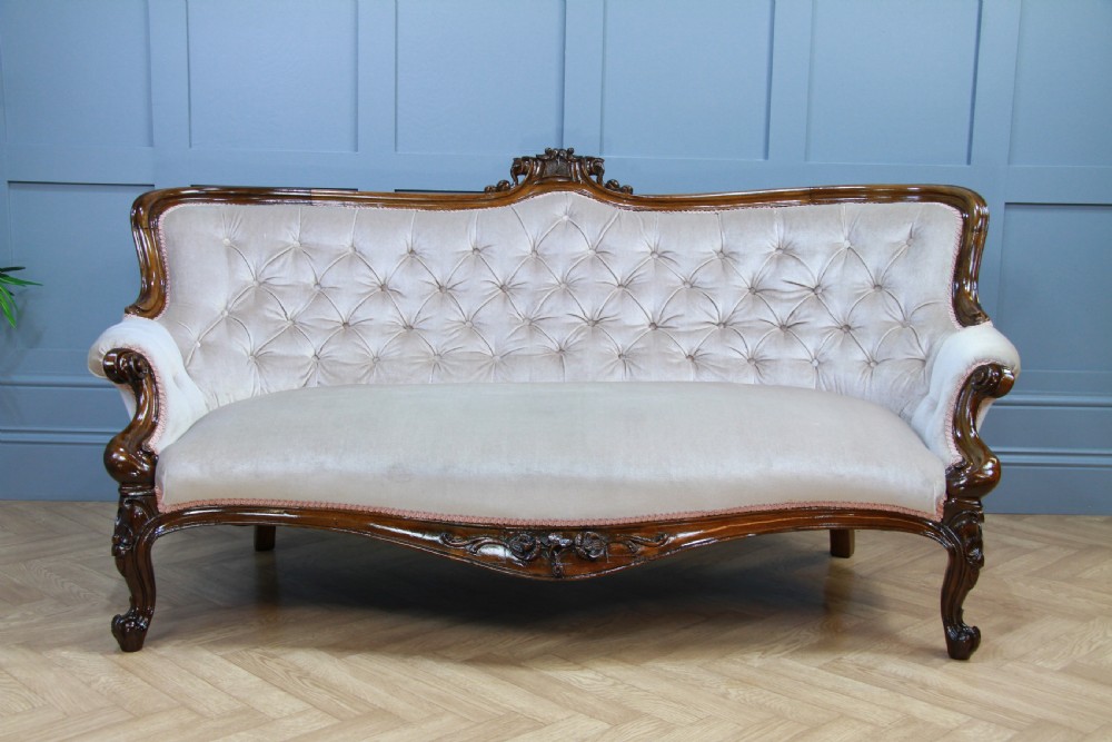 Antique Victorian Walnut Carved Velvet Upholstered Buttoned Back Settee Sofa Restored C1860 View VII