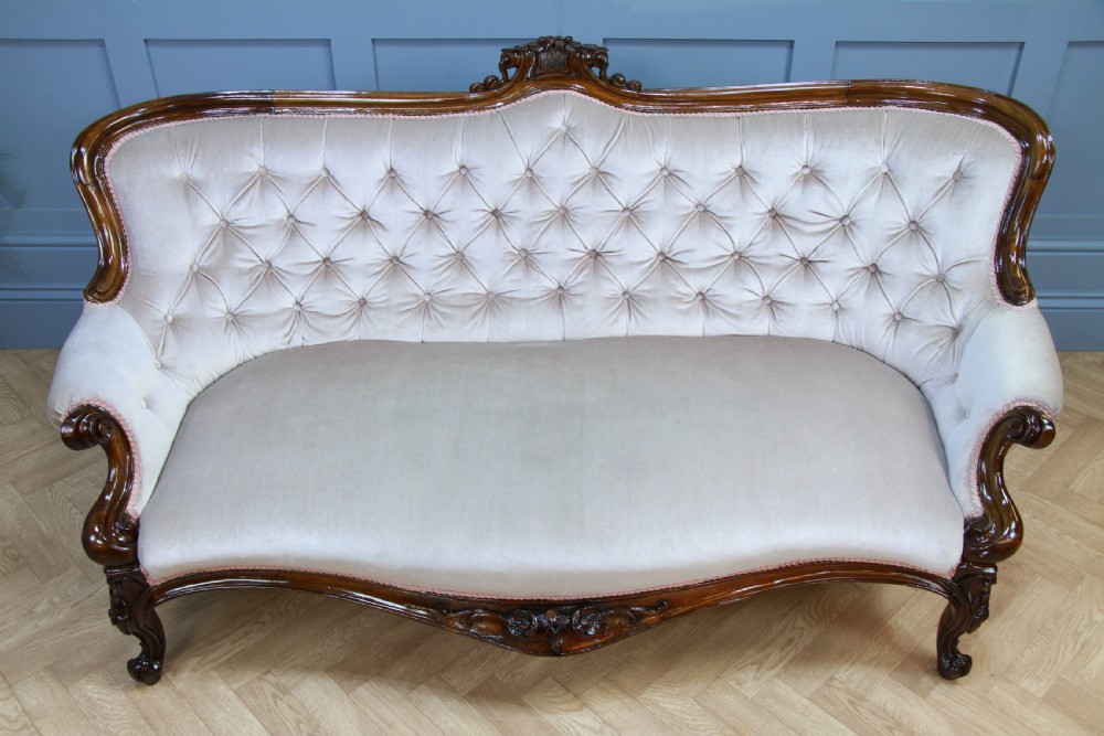 Antique Victorian Walnut Carved Velvet Upholstered Buttoned Back Settee Sofa Restored C1860 View VIII