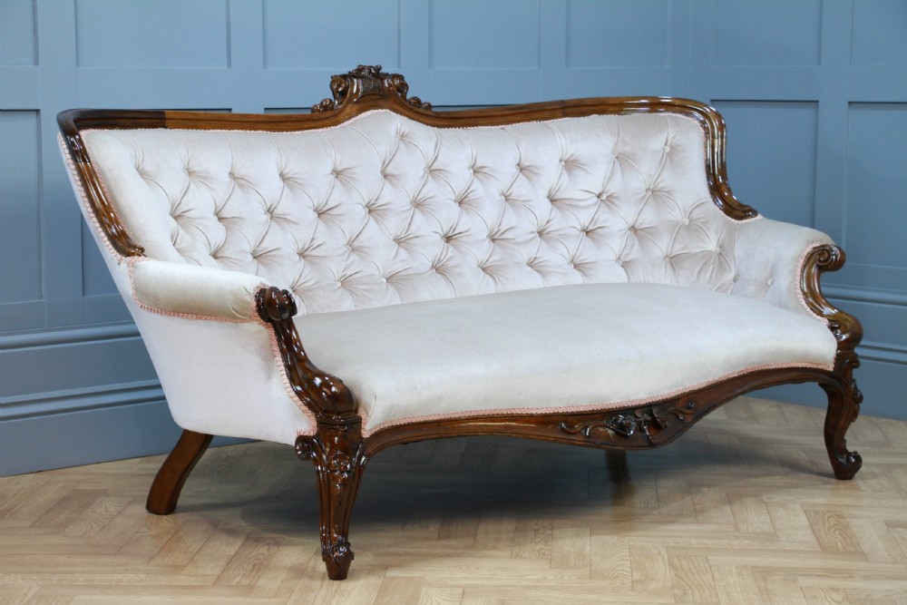 Antique Victorian Walnut Carved Velvet Upholstered Buttoned Back Settee Sofa Restored C1860 View IX