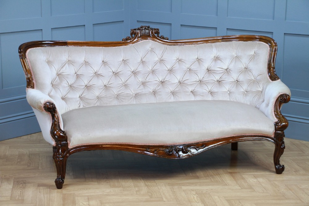 Antique Victorian Walnut Carved Velvet Upholstered Buttoned Back Settee Sofa Restored C1860 View X