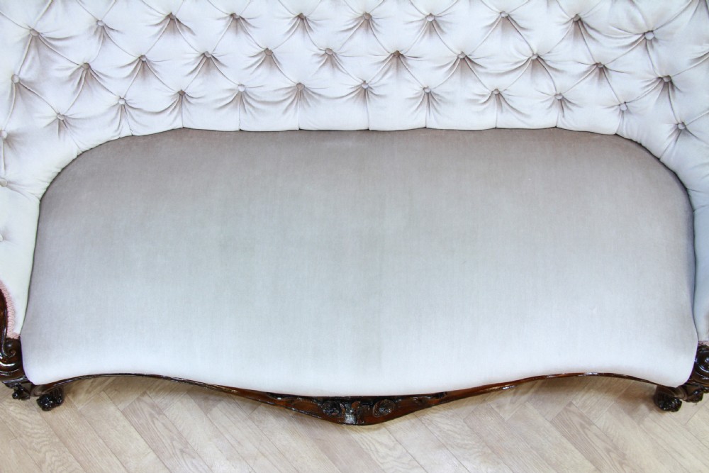 Antique Victorian Walnut Carved Velvet Upholstered Buttoned Back Settee Sofa Restored C1860 View XI