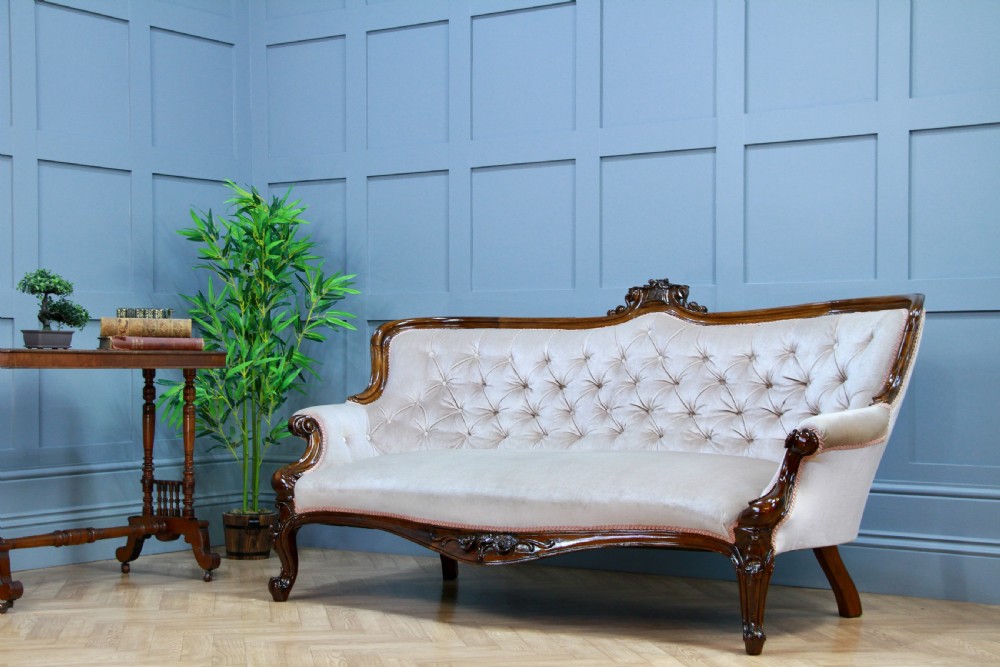 Antique Victorian Walnut Carved Velvet Upholstered Buttoned Back Settee Sofa Restored C1860 View XII