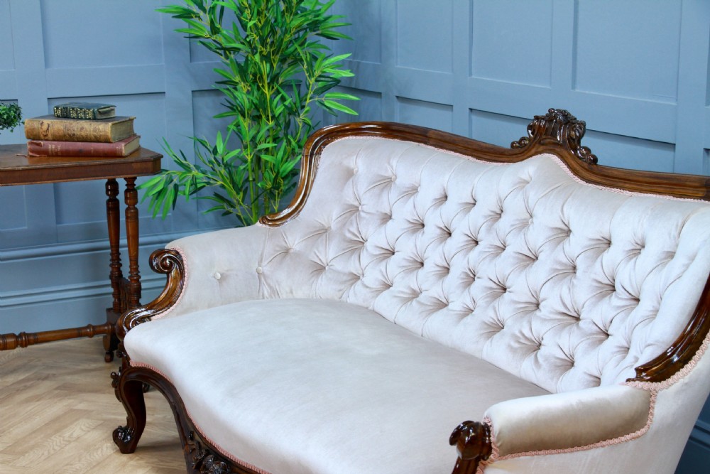 Antique Victorian Walnut Carved Velvet Upholstered Buttoned Back Settee Sofa Restored C1860 View XIII