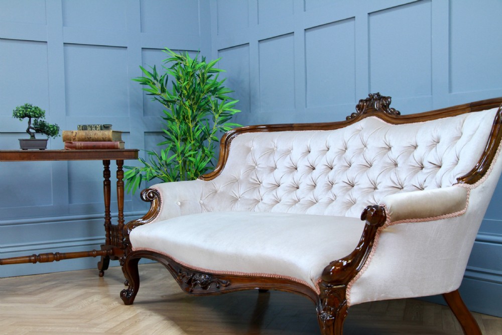 Antique Victorian Walnut Carved Velvet Upholstered Buttoned Back Settee Sofa Restored C1860 View XIV
