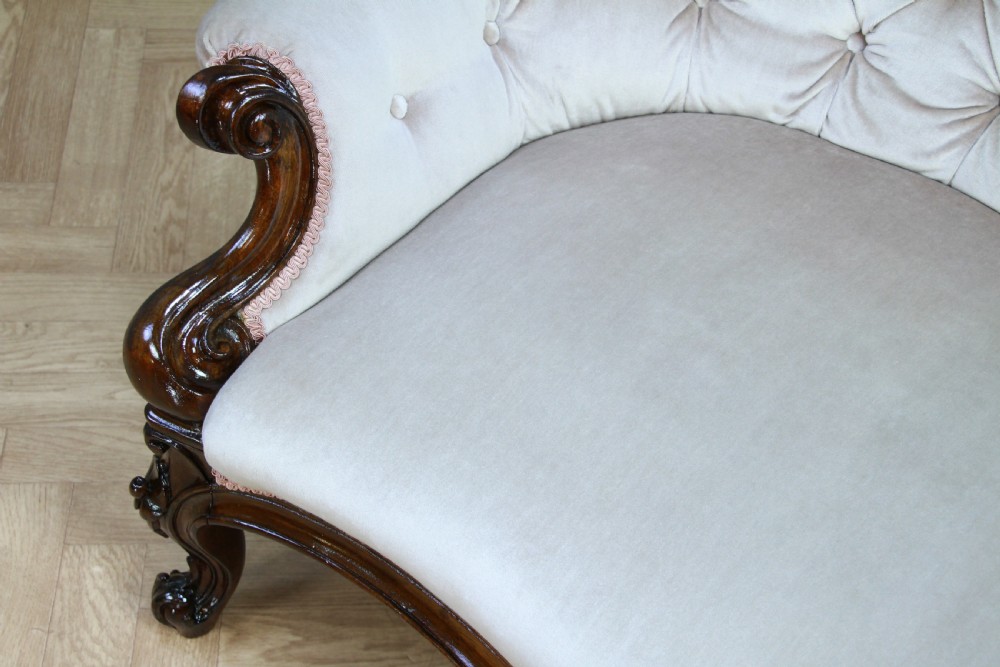 Antique Victorian Walnut Carved Velvet Upholstered Buttoned Back Settee Sofa Restored C1860 View XV