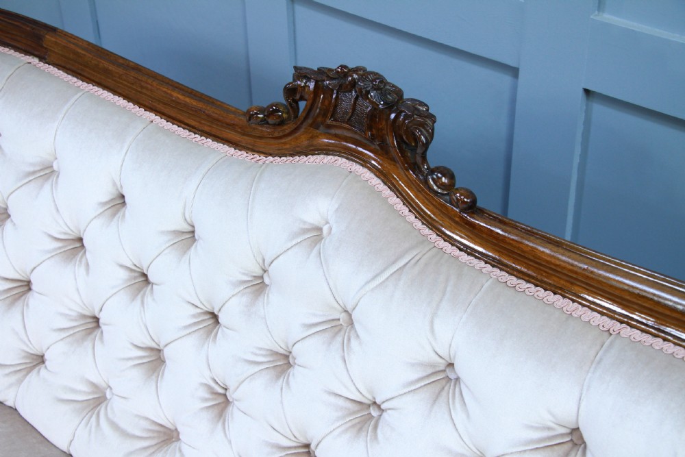 Antique Victorian Walnut Carved Velvet Upholstered Buttoned Back Settee Sofa Restored C1860 View XVI