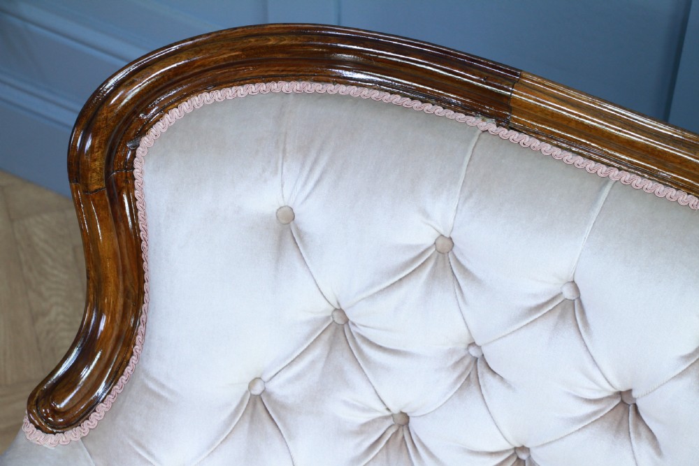 Antique Victorian Walnut Carved Velvet Upholstered Buttoned Back Settee Sofa Restored C1860 View XVIII