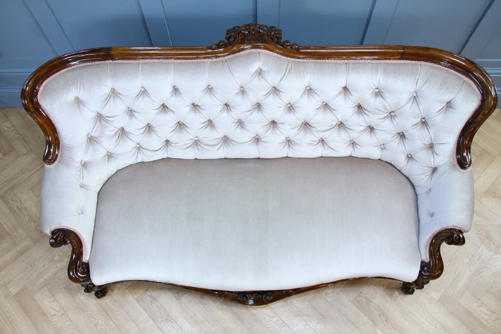 Antique Victorian Walnut Carved Velvet Upholstered Buttoned Back Settee Sofa Restored C1860 View XXI