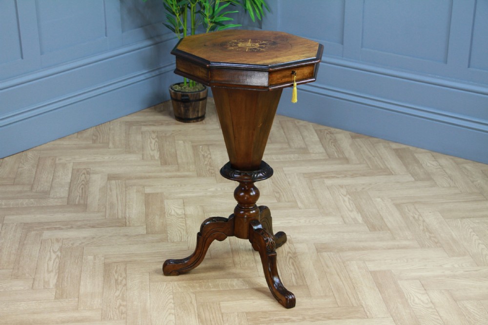 Antique Victorian Walnut Inlaid Octagonal Sewing Trumpet Table Side Lamp C1880