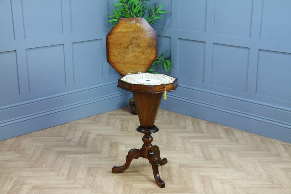 Antique Victorian Walnut Inlaid Octagonal Sewing Trumpet Table Side Lamp C1880 View II