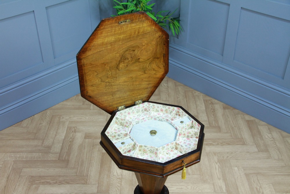 Antique Victorian Walnut Inlaid Octagonal Sewing Trumpet Table Side Lamp C1880 View III