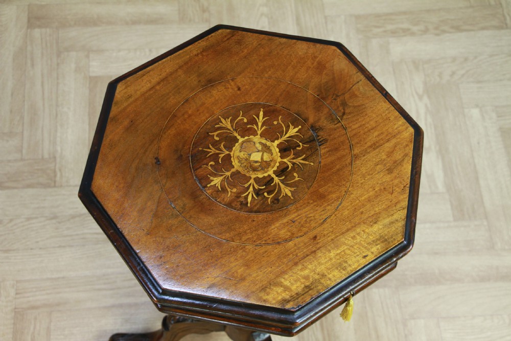 Antique Victorian Walnut Inlaid Octagonal Sewing Trumpet Table Side Lamp C1880 View V
