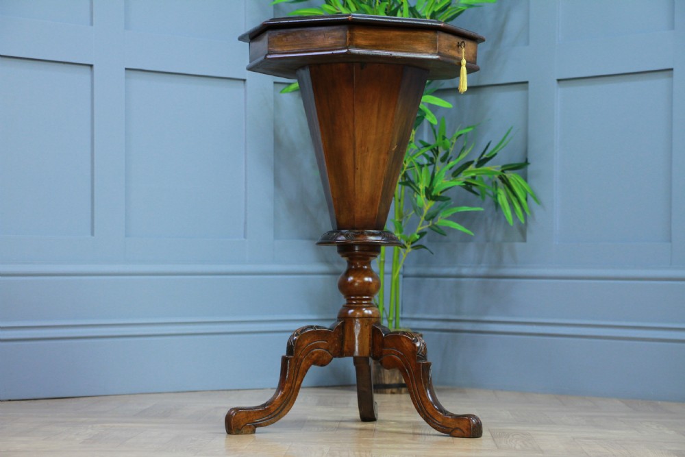 Antique Victorian Walnut Inlaid Octagonal Sewing Trumpet Table Side Lamp C1880 View IX