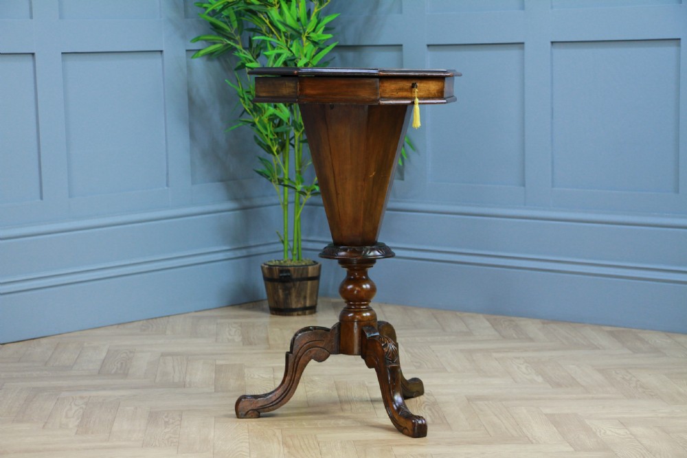 Antique Victorian Walnut Inlaid Octagonal Sewing Trumpet Table Side Lamp C1880 View X